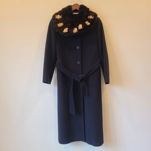 Stefania Rinaldi Women Wool Cashmere Overcoat Black Size 8 Long Fur Trim Classic